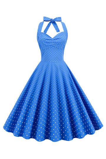 Halter Neck Blå Polka Dots Vintage Kjole med Rygløs